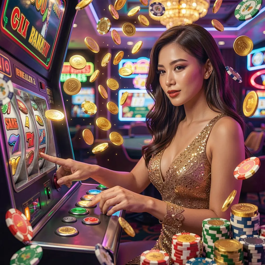 Stylish Filipino woman pressing a slot machine button as golden coins rain down highlighting the premium casino atmosphere of D9D9VIP Philippines